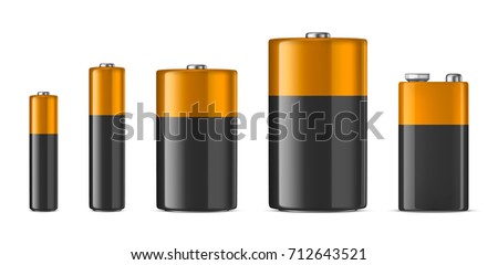 Vector realistic alkaline batteriy icon set. Diffrent size - AAA, AA, C, D, PP3. Design template for branding, mockup. Closeup isolated on white background. Stock vector.