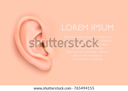 Vector background with realistic human ear closeup. Design template of body part, human organ for web, app, posters, infographics etc