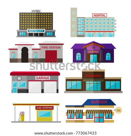 Different shops, buildings and stores flat icon set isolated on white. Includes hotel, hospital, fire station, casino, garage, supermarket, gas station, burger