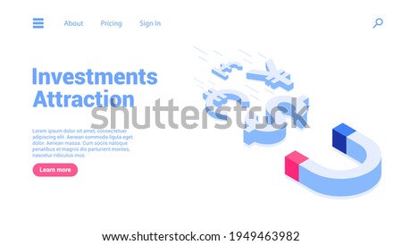 The magnet attracts money. Landing page or web banner template. The concept of attracting money, investments. 3d icons of dollar, euro, yen, pound. Magnet and different currencies. Vector illustration