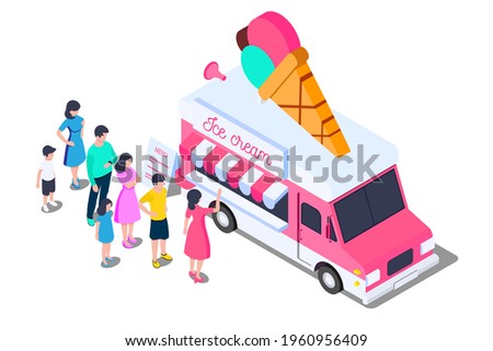 The queue for the food truck with ice cream. People of different genders and ages want to buy ice cream. Children and adults, men and women. Isometric vector illustration. Isolated on white background