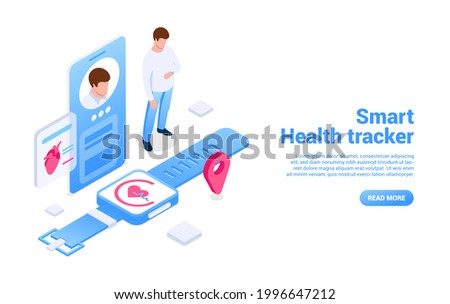 Smart health tracker concept. Smart gadgets for tracking the physical indicators of the body. Digital health care. Vector illustration in isometric style. Isolated on white background