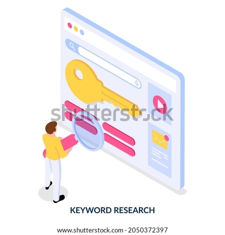 Keyword research concept. Man with magnifier in his hands stands in front of web page with keywords. Isometric illustration on white background Stock foto © 