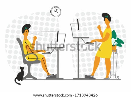 Workplace. Ergonomic computer desk,  Home office. Remote work. Stay at home. Correct organization of the workplace. work from home. Quarantine. Vector illustration.