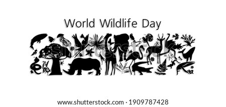 World Wildlife Day, March 3. Vector illustration for you design, card, banner, poster poster.  Animal silhouettes in black and white graphics.
