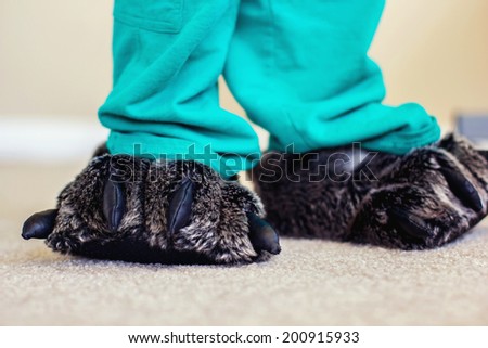 2 year old boy wearing fuzzy dinosaur slippers in his home -- image taken in Reno, Nevada, USA