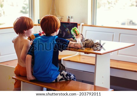 Two young brothers watching a video together on a laptop -- image taken indoors in Reno, Nevada, USA