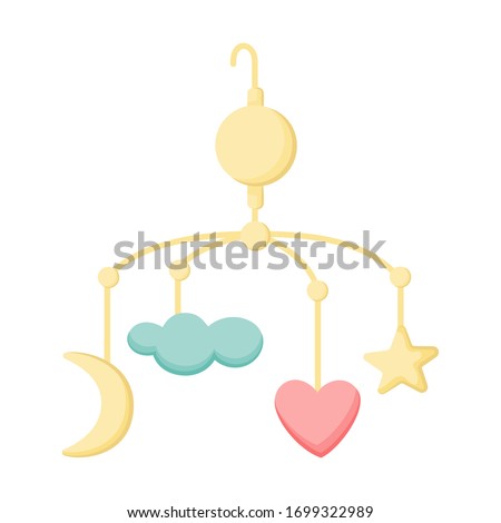 Cute baby mobile for crib isolated on white background. Cartoon toys for the newborn. Vector illustration. Great for children's design: greeting cards, postcards, stickers, banners, posters.