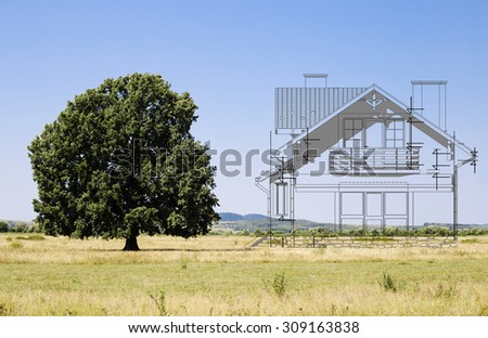 building plan on nature background with old oak tree.