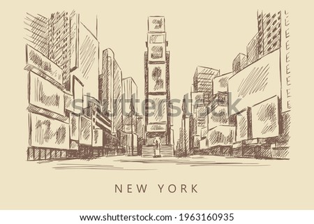 Sketch of a street with advertising spaces, New York, Times Square, hand-drawn.