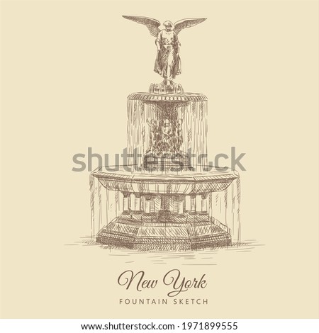 Sketch of the Fountain with sculpture in the Central Park, New York, USA, hand-drawn.
