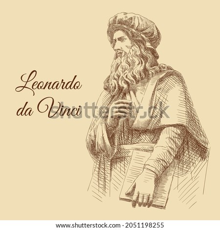 Sketch portrait of Leonardo da Vinci's statue in Florence, Italy. Man with a book in his hand and a hat on head. Vintage brown and beige card, hand-drawn, vector. Old design. Line graphics. ストックフォト © 