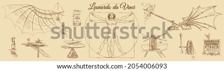 Sketch of Leonardo da Vinci's Vitruvian man and engineering drawings. Italian Renaissance. Vintage brown and beige card, hand-drawn, vector. Old design. Line graphics.  ストックフォト © 