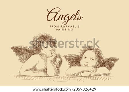 Two little angels from a painting by Raphael Santi. Italian Renaissance. Vintage brown and beige card, hand-drawn, vector. Old design. Line graphics. Child portraits.