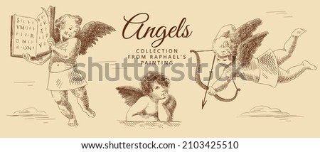 Collection of sketches of three little angels with wings, with book, with bow and arrow, a thoughtful angel. Vintage brown and beige card, hand-drawn, vector. Old design. Romantic collection.