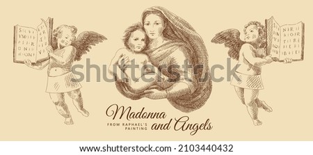 Sketch of Madonna with her Child and two little angels with wings and books in their hands. From a paintings by Raphael Santi. Vintage brown and beige card, hand-drawn, vector. Christian icon.