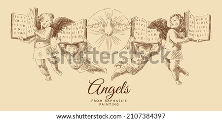 Four little angels with wings hold open books in their hands. The dove of peace in the center. From a painting by Raphael Santi. Italian Renaissance. Vintage brown and beige card, hand-drawn, vector. 