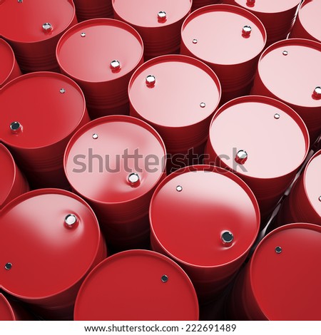 Large group of red oil barrels. High resolution.