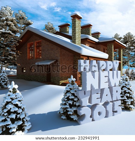 Suburban house in the fairy forest in snowy New Year\'s Eve.  Inscription - a Happy New Year.