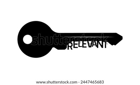 'relevant' emblem, key with text, black isolated silhouette