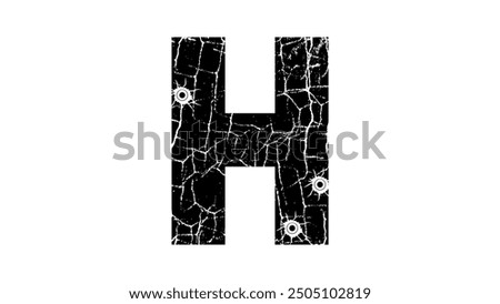 cracked Letter H with Bullet holes, black isolated silhouette