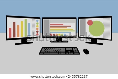 3 LCD monitors with keyboard, statistic analyses of business, all in one PC displays, workspace setup for metrics	