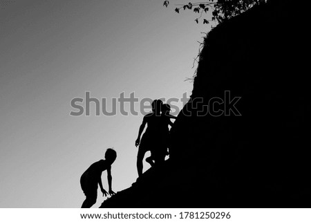 Similar – Image, Stock Photo Children climb a hill in the forest