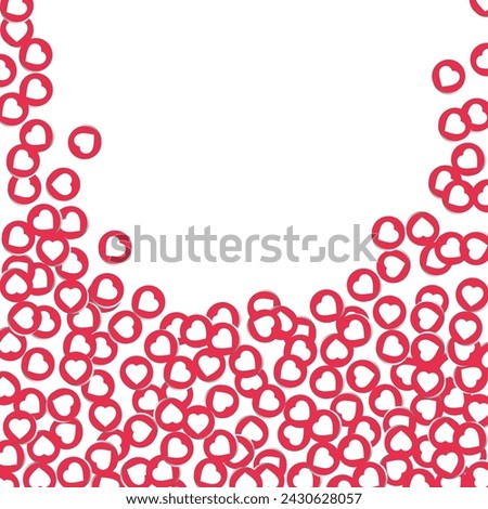 Social media heart icons. A lot of red love icons falling down on white background. Many love emoji. Social media love icons. Vector red heart icons isolated on white background. Like icon.