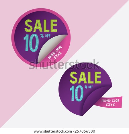 Two round stickers with 10% discount and promo code for web site, for web banners. Eps10 vector