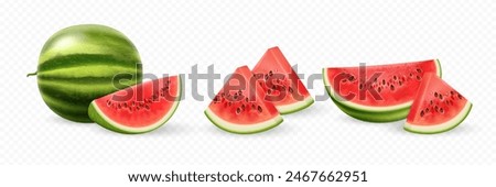 Realistic 3D watermelon. Set of whole, slice, piece of watermelon isolated on transparent background.