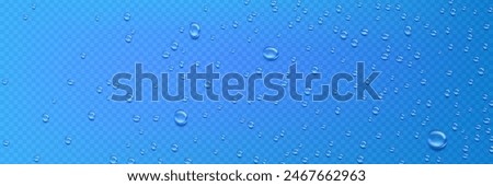 Condensation water drop on deep blue background. Vector realistic set of aqua liquid flows. Rain drops on glass effect.