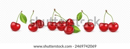 Realistic cherry set with green leaves on transparent background. Various cherry compositions for design mockup. 3D realistic vector illustration.