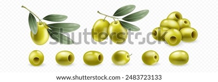 Realistic set green olives, olive branch with green leaves. Isolated on transparent background. Elements for cosmetic, food, ads, oil design