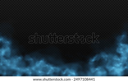 Realistic blue fog or smoke texture isolated on transparent dark background. Neon magic fog on black background.