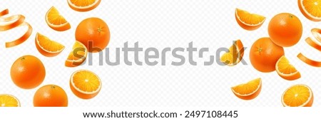 Flying realistic orange fruit on transparent background. Orange slices, whole, piece and peel in different positions with text space.