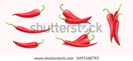 Set of realistic red chilly pepper in different positions. Hot spicy chilly peppers compositions on white background.