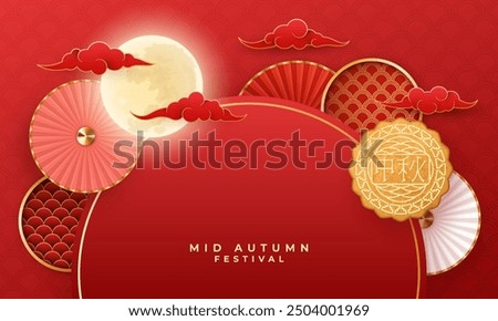 Mid autumn festival illustration with moon, moon cake, clouds, fan on red background with golden elements. Template for greeting card, banner or poster.