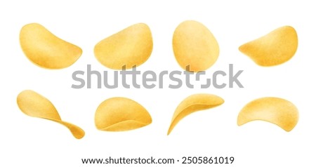 Realistic crunchy potato chips element collection isolated on white background. Crispy potato snack.