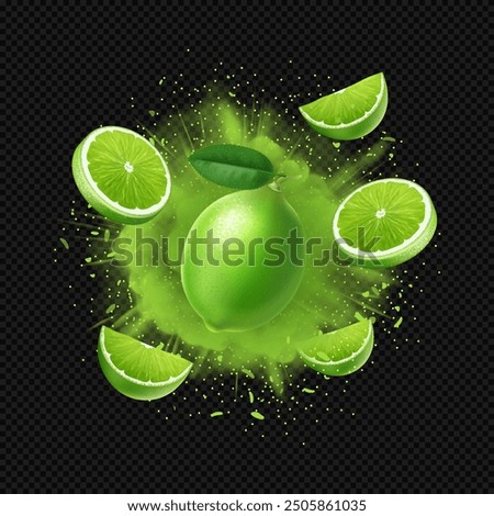 Vector realistic lime fruit with flying pieces, half and whole citrus in a green citrus explosion or cloud isolated on dark transparent background. Vector concept of lime element design, icon, banner