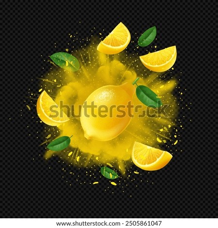 Realistic whole and slice fresh lemon with leaves flying on yellow citrus explosion on dark transparent background. Yellow citrus splash for product package design.