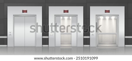 Realistic vector set of elevator with closed and opened chrome metal doors on dark background. Indoor interior element of office, hotel and other buildings.