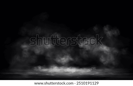 Realistic white clouds on dark water surface. Smoke, fog, dust, smog vector 3D effect. Mystery magic elements.