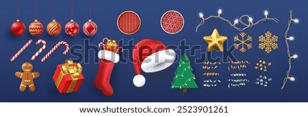 Set of red and gold 3D realistic Christmas and New Year vector objects. Santa hat, candy cane, gift box, Christmas balls, gift sock decoration elements.