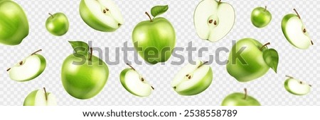 Falling apple fruit 3D realistic, whole and pieces on transparent background with seeds and green leaves. Banner mockup.