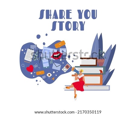 The concept of a call to share a story. Narrative banner. Telling stories of creating projects. Foto stock © 