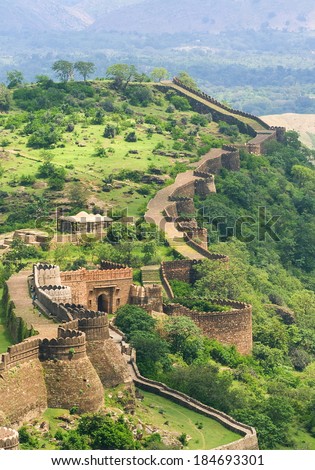 Wild landscape and the old wall of Kumbhalgarh, India