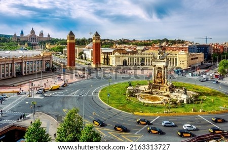 Placa d'Espanya square in Barcelona city, Spain, with the Venetian Towers, the National Museum of Art and Montjuic hill. The square is the main tourist landmark and transportation hub of Barcelona. ストックフォト © 