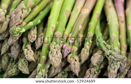 Fresh green asparagus shoots on a market booth