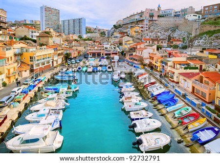 Colorful yacht harbour in old city of Marseilles, France