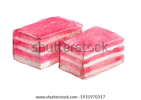Malaysian desert layered steamed cake kuih lapis on white background with watercolor illustration. 